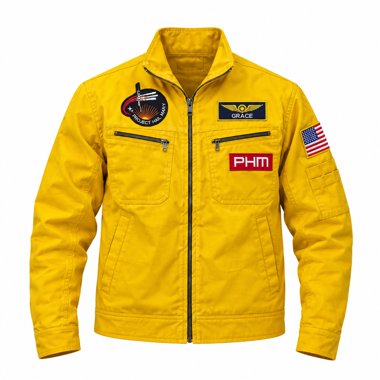 Yellow Mission Flight Jacket with Space Patches, Project Hail Mary Inspired Cotton Utility Jacket