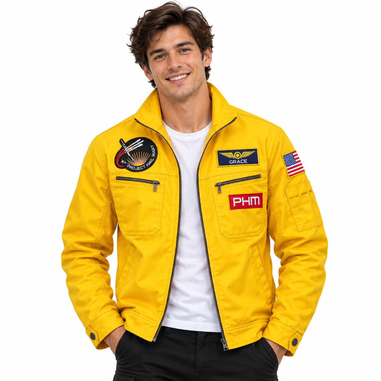 Yellow Mission Flight Jacket with Space Patches, Project Hail Mary Inspired Cotton Utility Jacket - Image 4