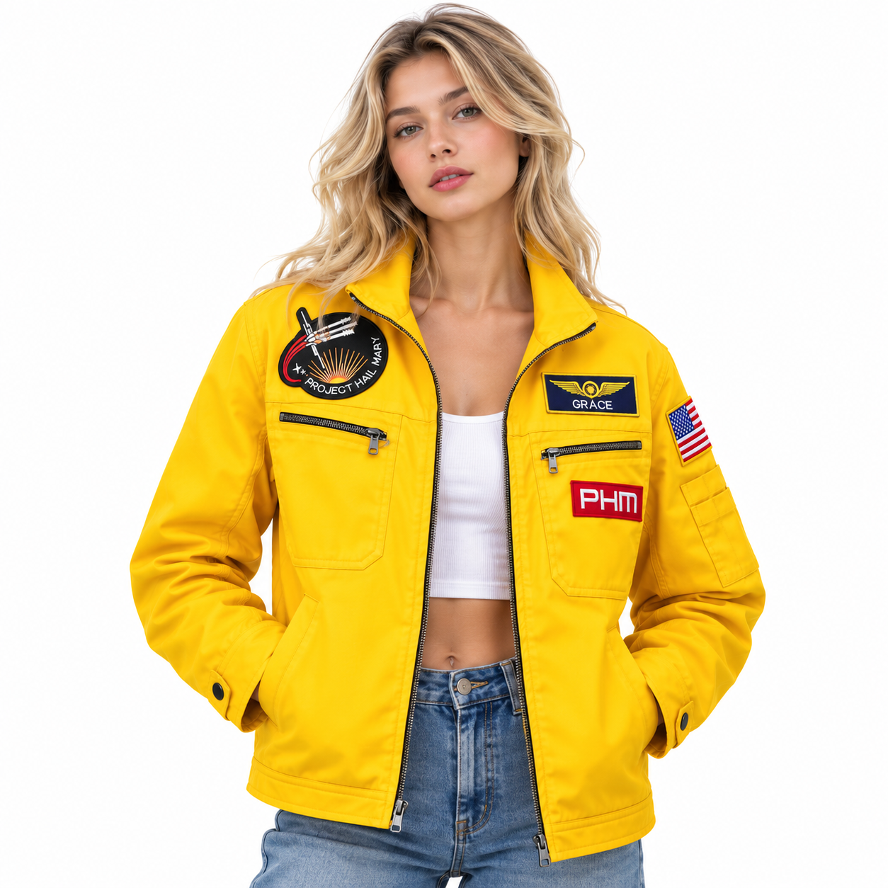 Yellow Mission Flight Jacket with Space Patches, Project Hail Mary Inspired Cotton Utility Jacket - Image 3
